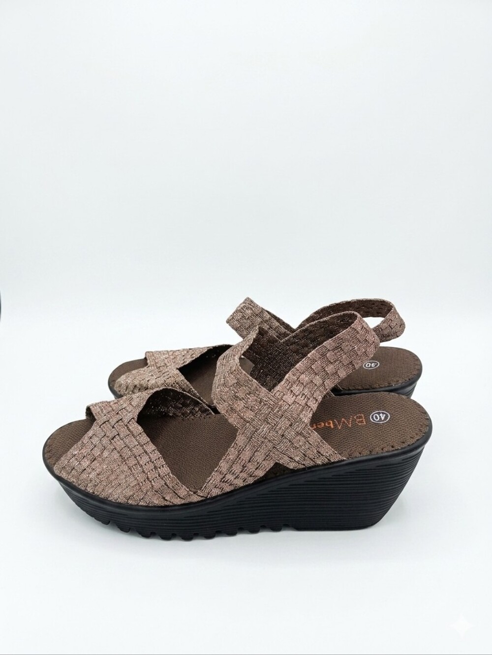 Bernie Mev Fame Woven Elastic Wedge Sandals Bronze– Sz 40 / 9.5 - 10 NIB